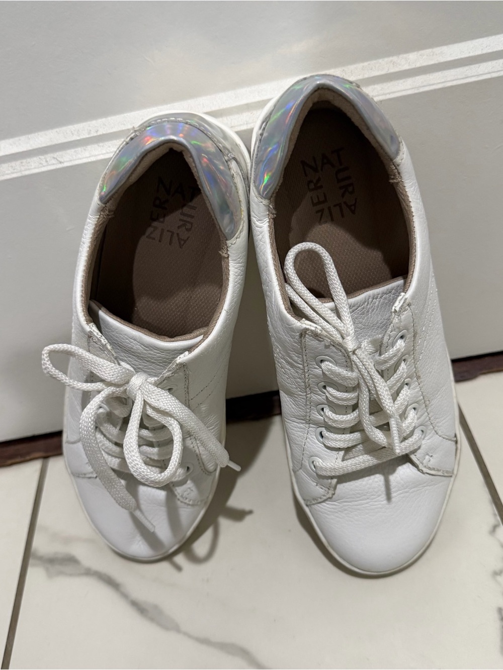 Naturalizer White Leather Sneakers with Iridescent Heel Accent